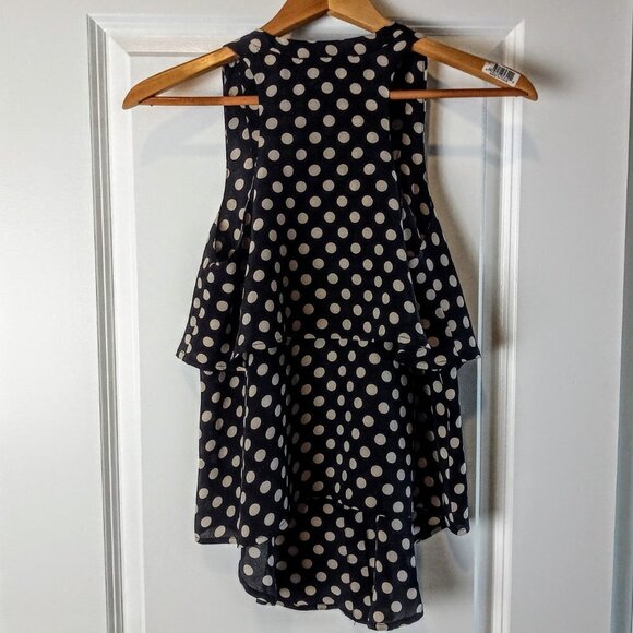 Olivaceous Polka Dot Racer Back Ruffle Silk Top - Picture 2 of 5